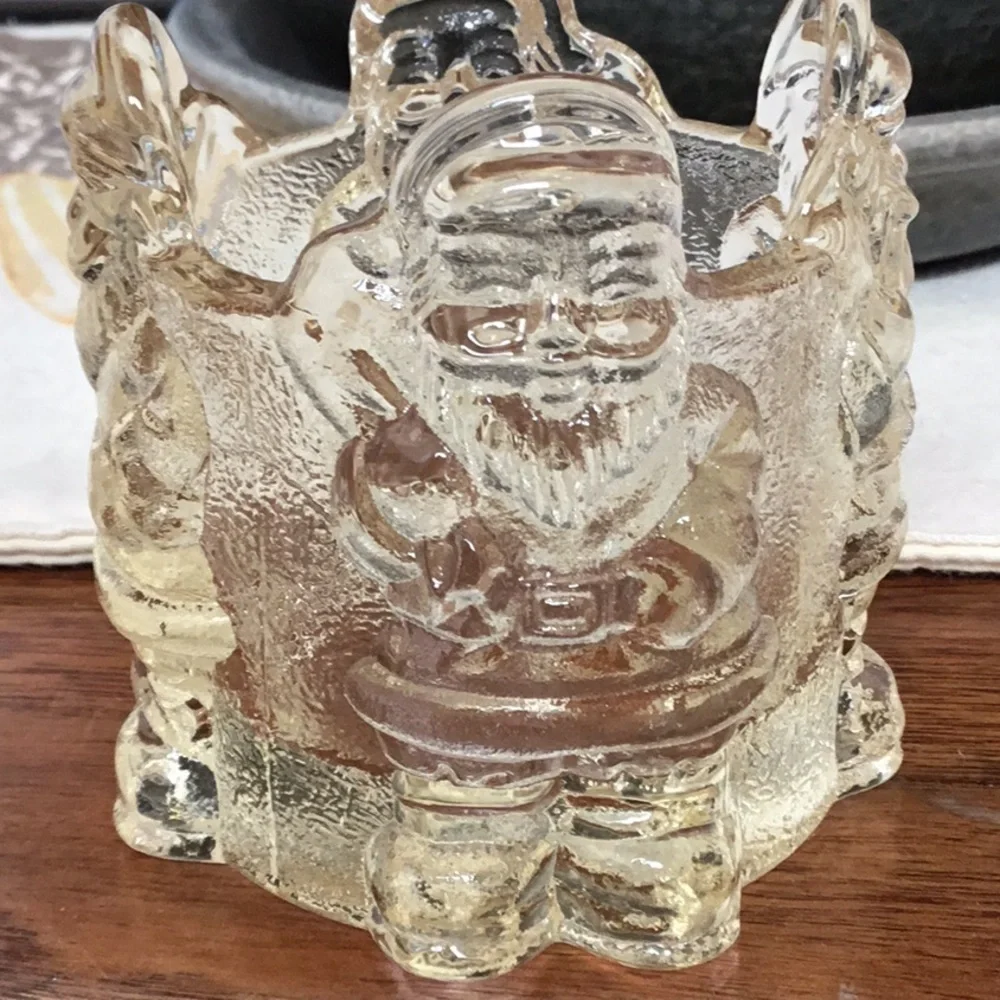 HEAVY vintage light yellow cut glass Santa votive candle holder.